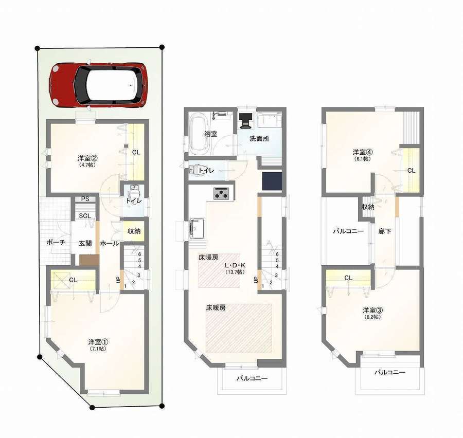 間取図/区画図:開放的な南西角地に４LDKが新登場！個室は３室が６帖以上、収納は全室完備です。
