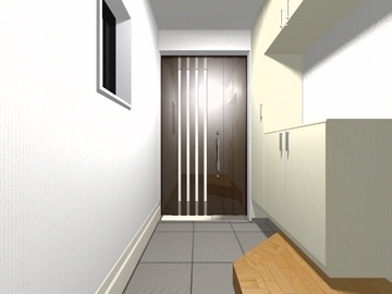 完成予想図(内観):F棟　玄関
リモコンキーを持っていればハンドルのボタンを押すだけで開け閉めできる玄関ドア。少し大きめな親子ドアは高級感があり、大きな家具や荷物の出し入れ可能です。