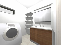 洗面室:B棟　洗面脱衣室（完成予想図）
可動棚付きの収納を完備。物が多くなりやすい洗面室でもすっきり収納可能です。