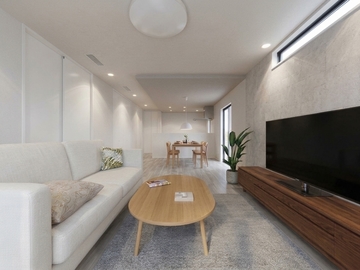 完成予想図(内観):【LDK 完成イメージ】19.6帖の広々としたLDK。玄関ホール、リビング、キッチン、洗面脱衣室が回遊でき家事の負担を減らします。※家具・調度品はイメージであり価格に含まれません。